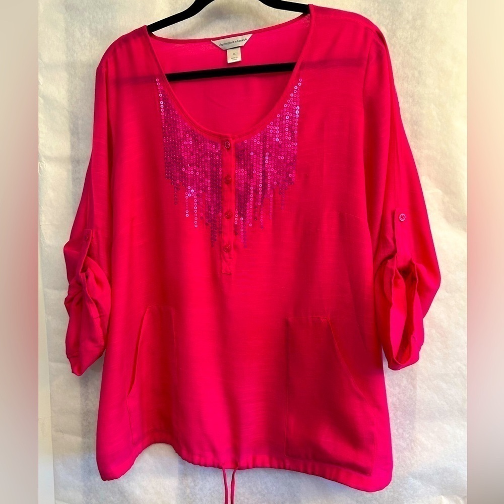 Christopher & Banks Sequined Pink Fuchsia Blouse Top W/Drawstring Waistsz-Xl V17